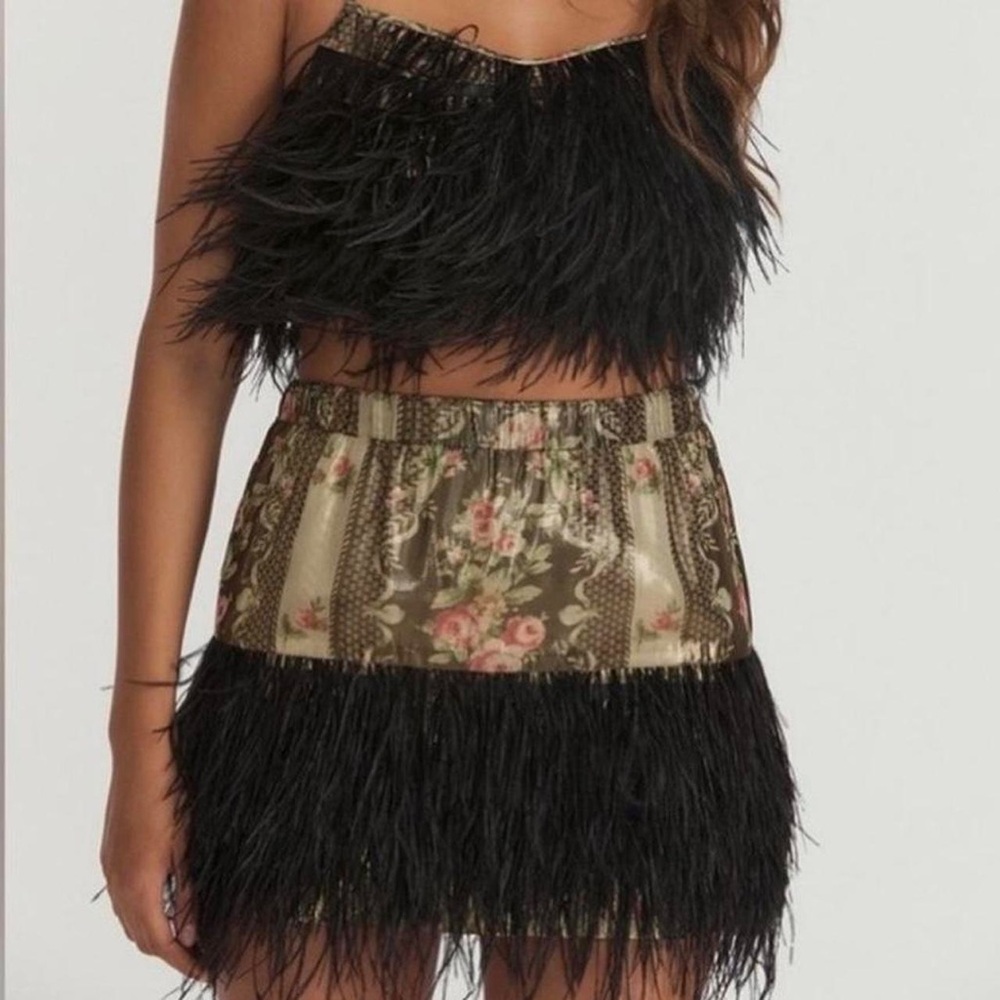 New LoveShackFancy Skirt with Metallic Gold and Ostrich Feathers